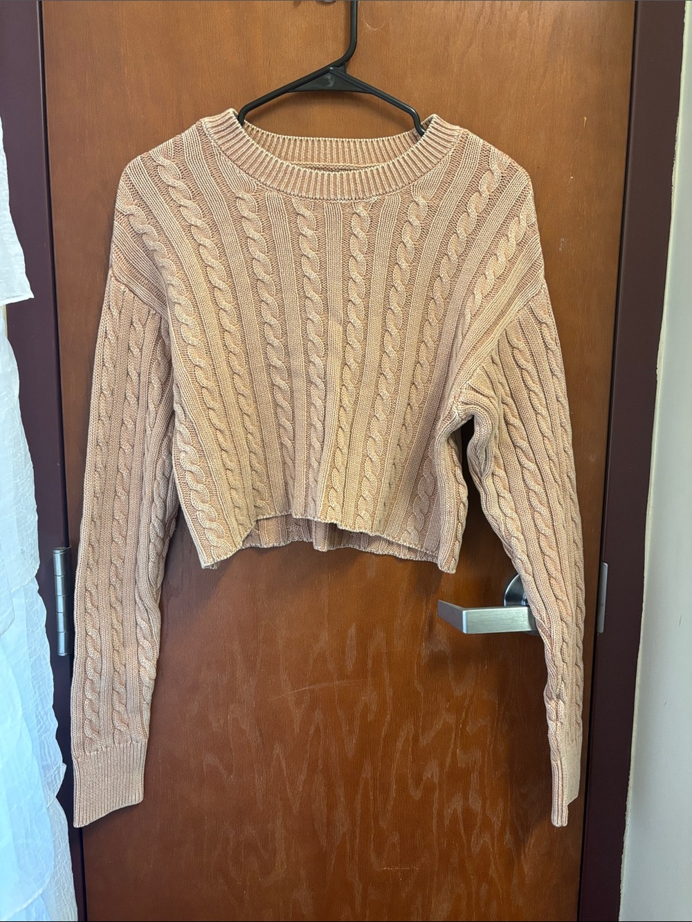 aerie Cropped Cable Crewneck Sweater in Blush